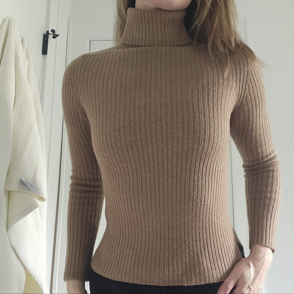 Max Mara Cashmere Blend Tan Ribbed Turtleneck Sweater